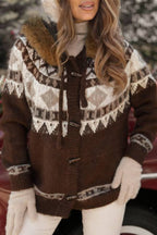 Christmas Fireplace Patterned Cardigan with Fur