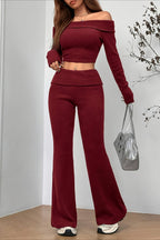 Sexy Off-Shoulder Fitted Crop Top Pants Two Piece Set