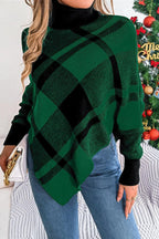 Plaid Contrast Turtleneck Cape Sweater