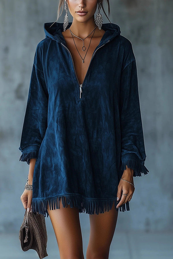 Solid Color Loose Hooded Zip-up Casual Long-sleeved Tassel Hem Mini Dress