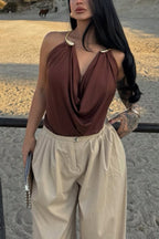Fashionable Metal Ring Halter Neck Backless Draped Sleeveless Top