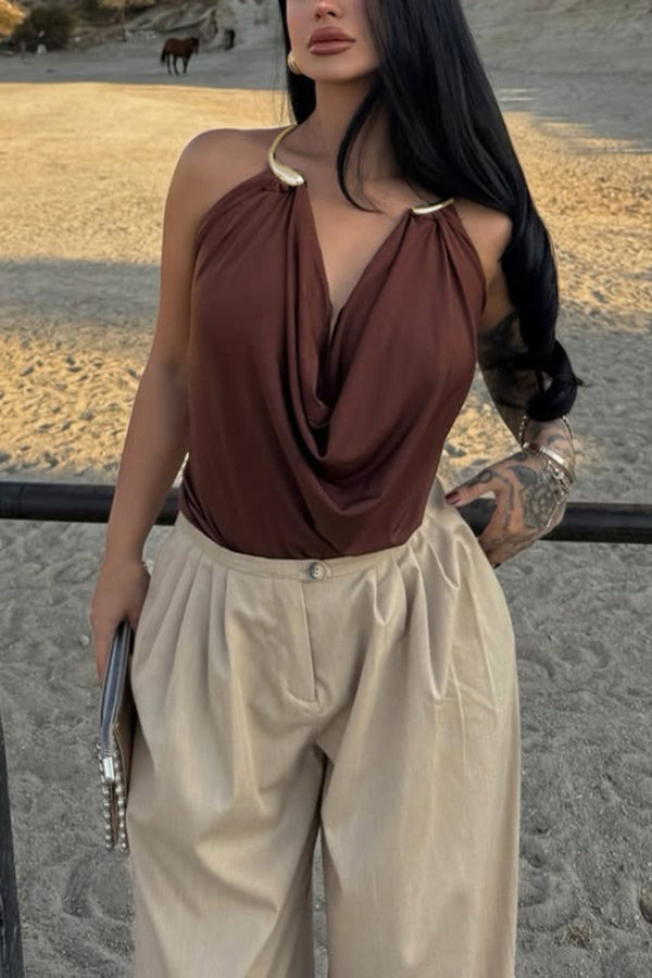 Fashionable Metal Ring Halter Neck Backless Draped Sleeveless Top