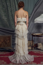 Two Piece Palace Style Strapless Tie Waist Belt Tiered Prom Dress