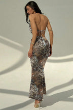 Sexy Snake Print Cutout Sheer Maxi Dress