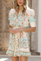 Unique Printed Puff Sleeve Button Lace Up Vacation Mini Dress
