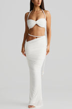 Imalia Stretch Mesh Pearl Trim Gathered Tank and  Detachable Belt Vacation Maxi Skirt Set
