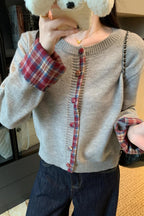 Red Plaid Contrast Round Neck Cardigan