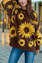 Sunflower Jacquard Crewneck Long Sleeve Knit Pullover Sweater