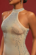 Halter Mesh Rhinestone Print Bodycon Cocktail Dress
