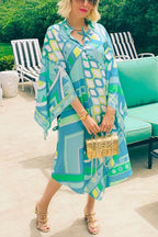 Pandora Satin Unique Art Print Button Up Bell Sleeve Shirt Midi Dress