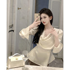 Beige Satin Cowl Neck Long Sleeve Blouse