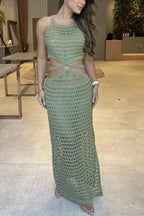 Stunning Gaze Knit Texture Ring Side Waist Cutout Stretch Maxi Dress（Note: top without lined, you can bring your own bra）