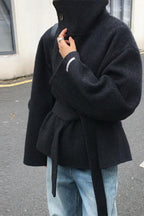 Turtleneck Loose Double-Faced Wool Tie Waist Retro Coat