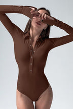Collared Button Front Slim Long Sleeve Bodysuit