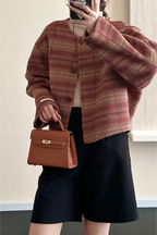 Plaid Crew Neck Single Breasted Drop Shoulder Wool Jacket
