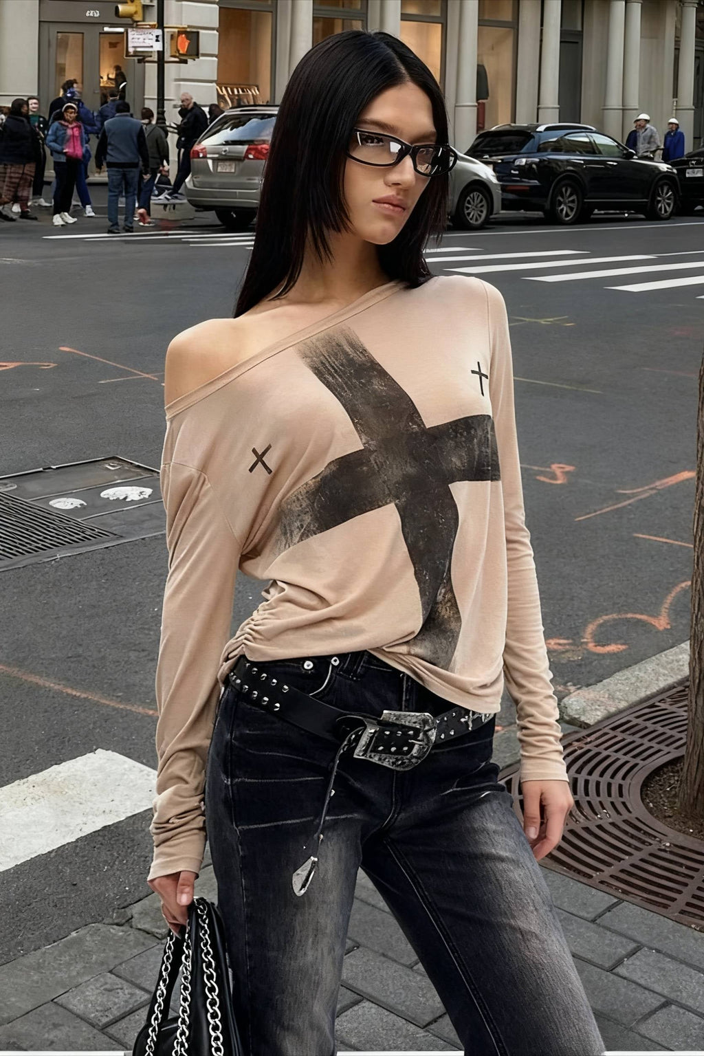 Cross Print Asymmetrical TShirt