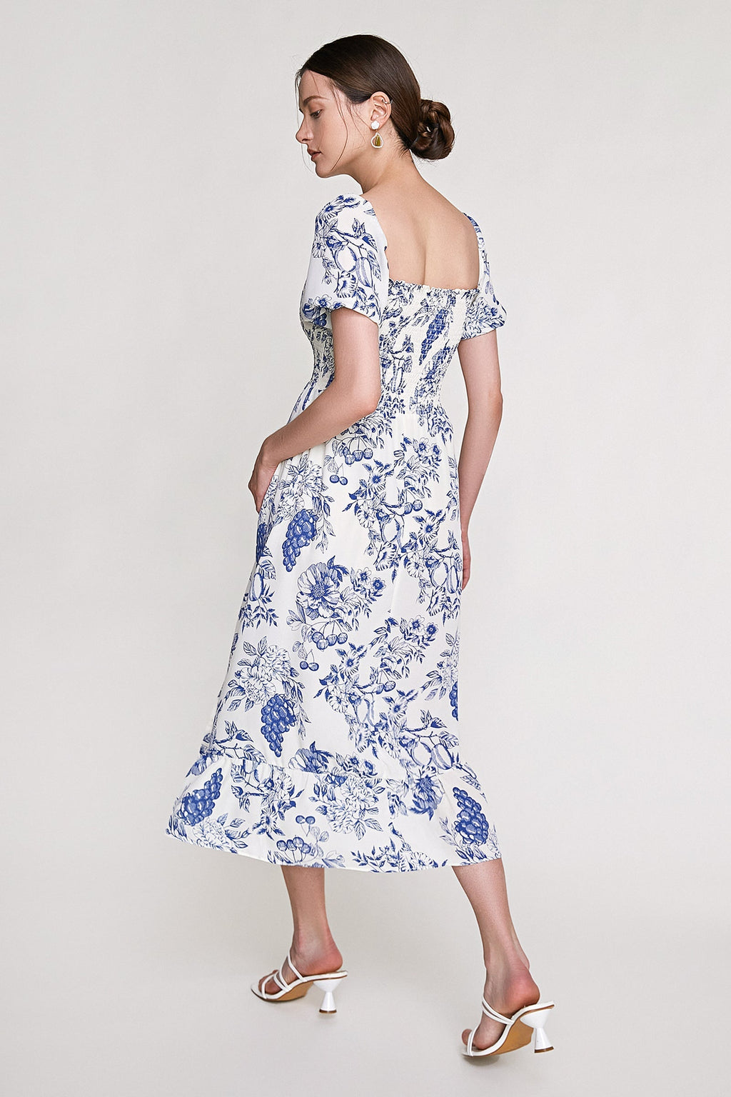 Blue Fruit Print Smocked Puff Sleeve Maxi Dress