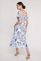 Blue Fruit Print Smocked Puff Sleeve Maxi Dress