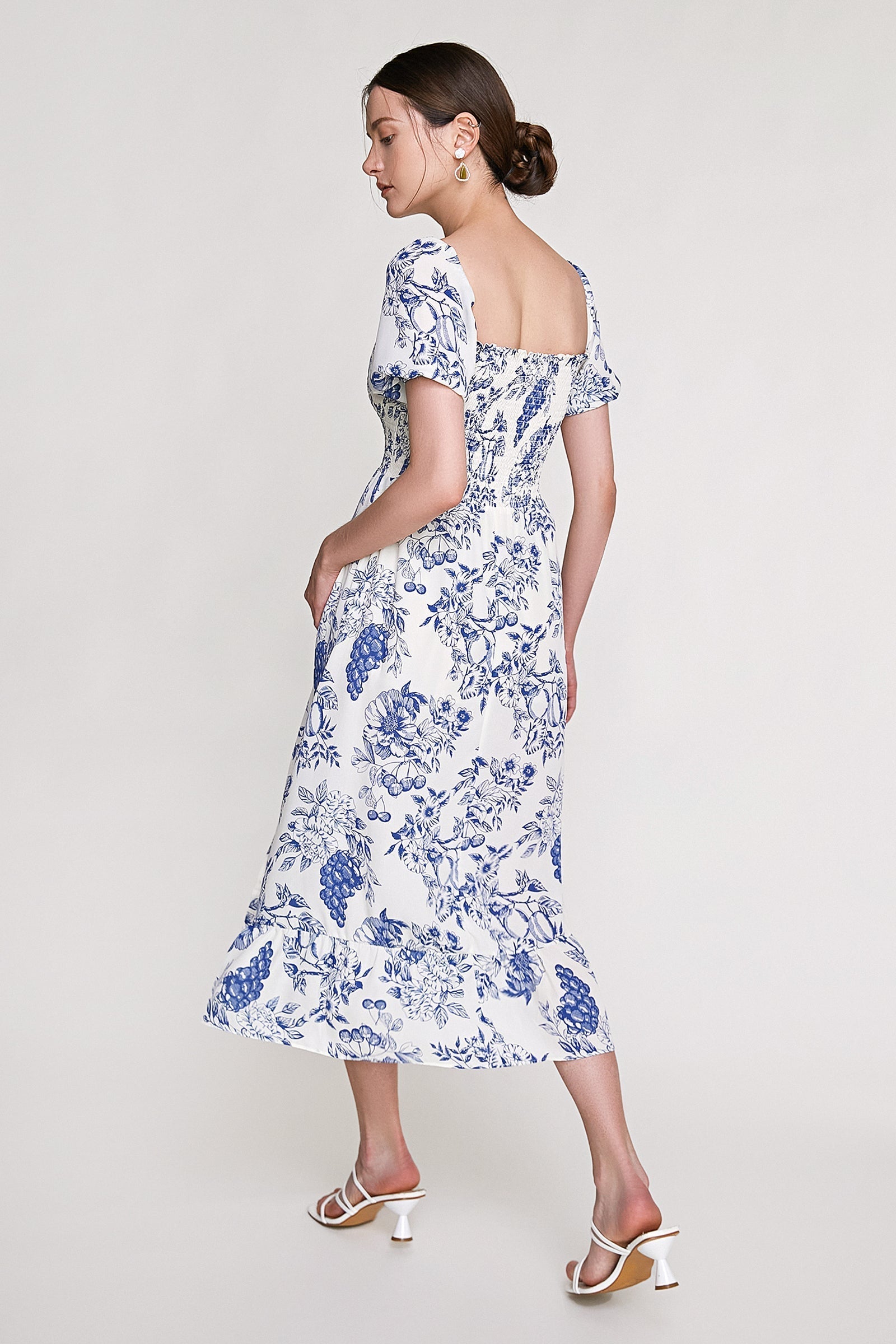 Blue Fruit Print Smocked Puff Sleeve Maxi Dress
