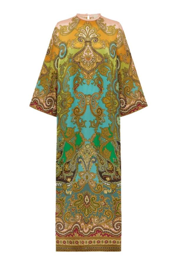 Paisley Print Tie-Waist Slit Maxi Kaftan Dress