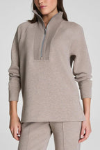 Alfia Ribbed Stand Zipper Neck Long Sleeve Sweatshirt and Button Elastic Waist Pocketed Loose Pants Set