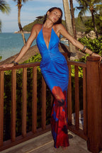Floral Print Strapless Backless Ruched Maxi Dress