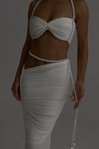 Imalia Stretch Mesh Pearl Trim Gathered Tank and  Detachable Belt Vacation Maxi Skirt Set