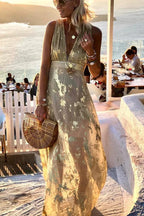 Regina Minimalist Golden Sunset Stories V Neck Maxi Dress Boutique Collection