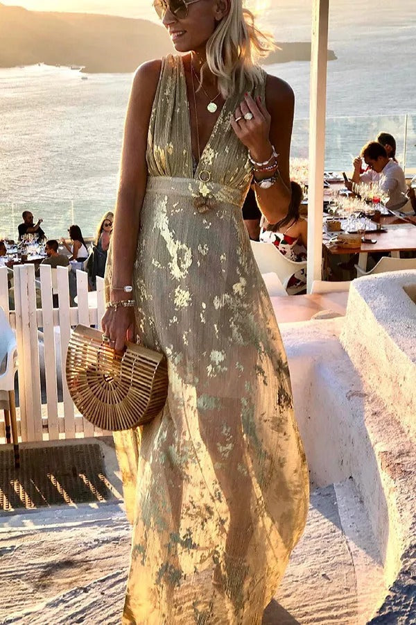 Regina Minimalist Golden Sunset Stories V Neck Maxi Dress Boutique Collection