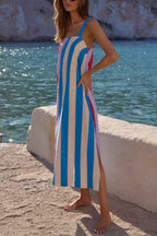 Fashionable Color-blocked Printed Square Neck Sleeveless Vacation-style Maxi Dress