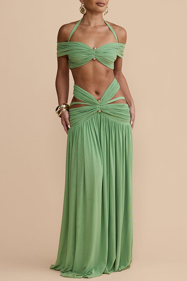 Martina Stretch Mesh Gold Metal Detail Gathered Cutout Waist Vacation Maxi Skirt