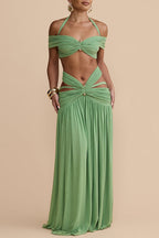 Martina Stretch Mesh Gold Metal Detail Gathered Cutout Waist Vacation Maxi Skirt