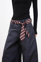 Casual Belt Detail Curved Wide Leg Pants