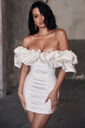 Waist Slimming Bodycon Off Shoulder Boned Ruffle Party Dress