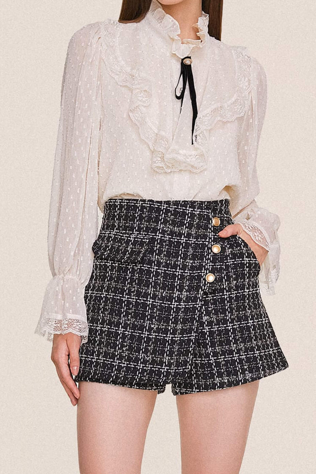 Black Checked Button Detail Tweed Skort