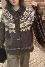 Retro Fair Isle Hooded Horn Button Loose Knit Cardigan