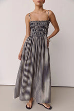 Striped Print Spaghetti Strap Pleated Pocket Casual Vacation Maxi Dress