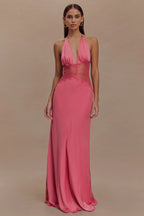 Deep V Halter Satin Slip Prom Dress