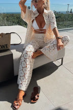 Holiday Crochet Flowers Lace Short Sleeve Shirt and Elastic Waist Wide Leg Pants Set