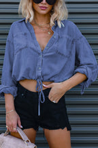 Stylish Lapel Long-sleeved Pocket Button Casual Denim Shirt