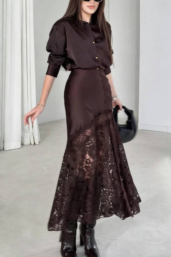 Solid Color Silk Satin Texture Single-breasted Long-sleeved Loose Shirt