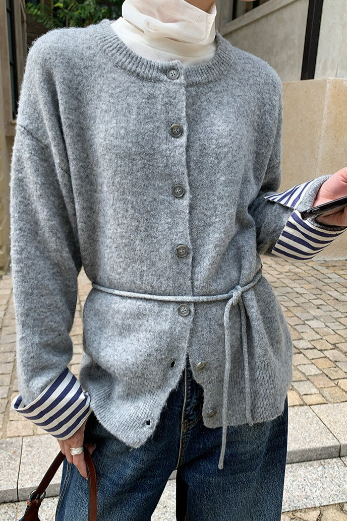 Color-Block Belted Lazy-Style Knit Cardigan