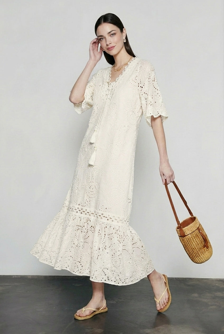 Embroidered Puff Sleeve White Midi Vacation Dress