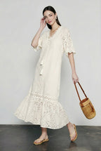 Embroidered Puff Sleeve White Midi Vacation Dress
