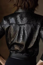 Snake Print Faux Leather Shiny Long Sleeve Chic Blouse