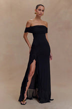 Off-Shoulder Ruffle Mesh Split Maxi Party Dress