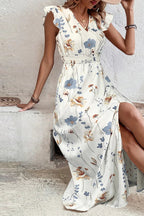 Lace-Trim V-Neck High Waist Slit Floral Maxi Dress