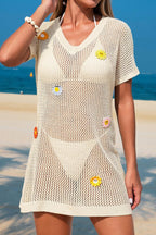 Floral-decorated V-neck Short-sleeved Crochet Cover-up Vacation Mini Dress