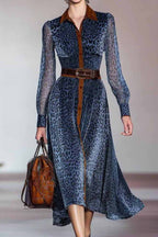 Vintage Blue Leopard Print Shirt Collar See-Through Long Sleeve Dress（No belt included）