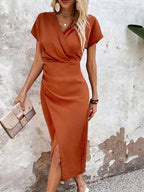 Patricia Statement Orange Midi Dress with V Neck and Slit Elevated Occasion Wear